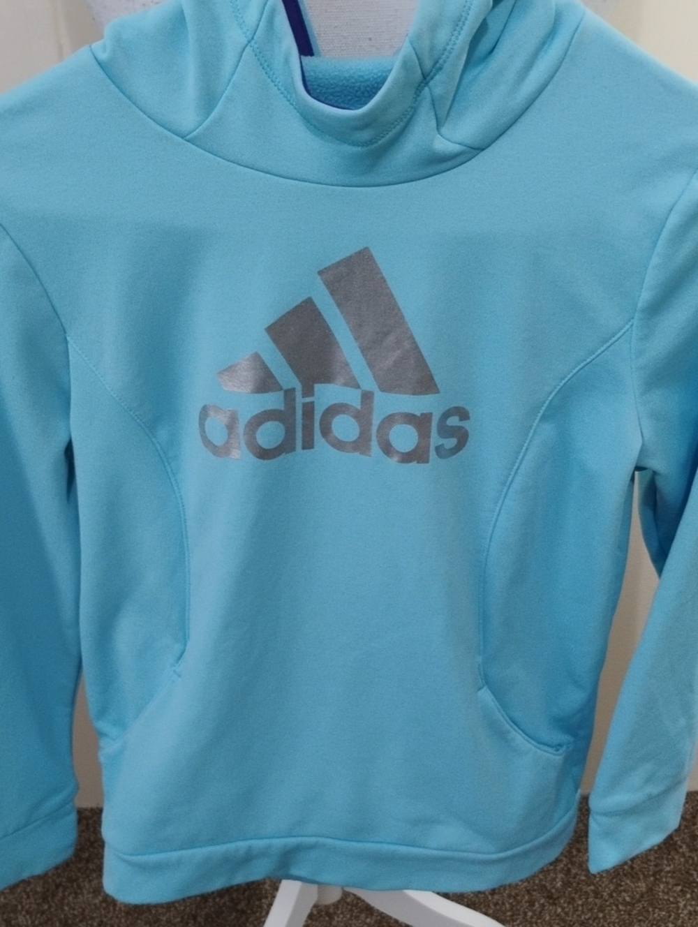 adidas Youth Aqua Blue Hoodie with Silver Logo